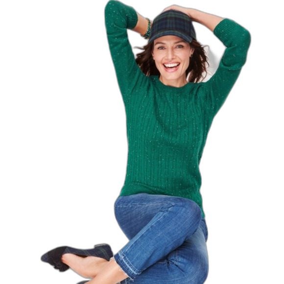 Talbots Green Tweed Cotton Blend Cable Knit Crewneck Button Cuff Sweater Sz 2XP - Picture 1 of 12